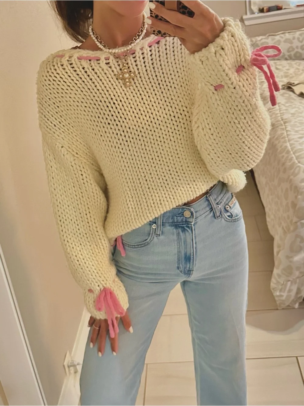 Beginning Boutique Cream Chunky Knit Sweater with Pink Tie Accents S/M